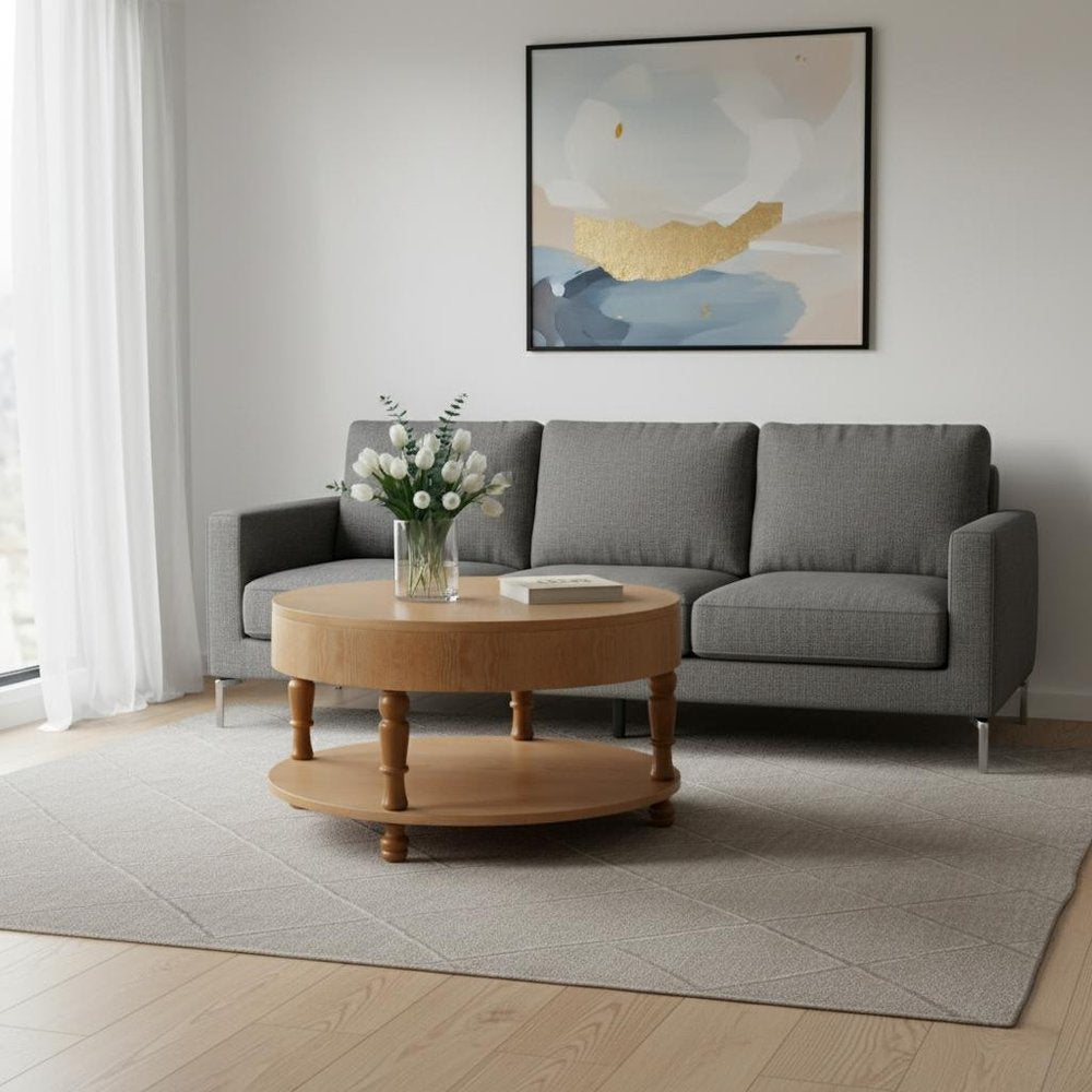 32" Natural Wood Round Coffee Table With Hidden Storage And Shelf