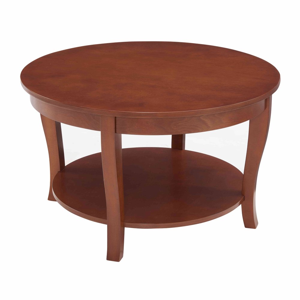 30" Walnut Wood Round Coffee Table With Shelf