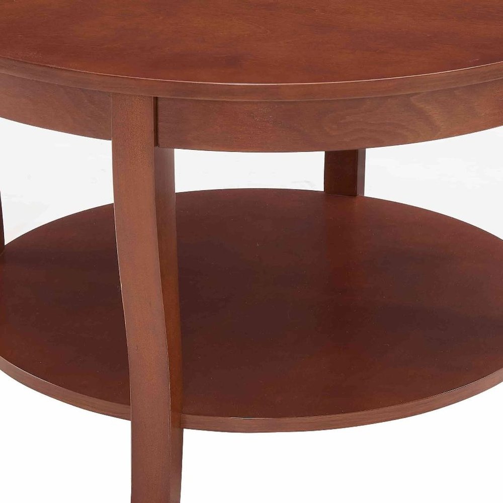 30" Walnut Wood Round Coffee Table With Shelf