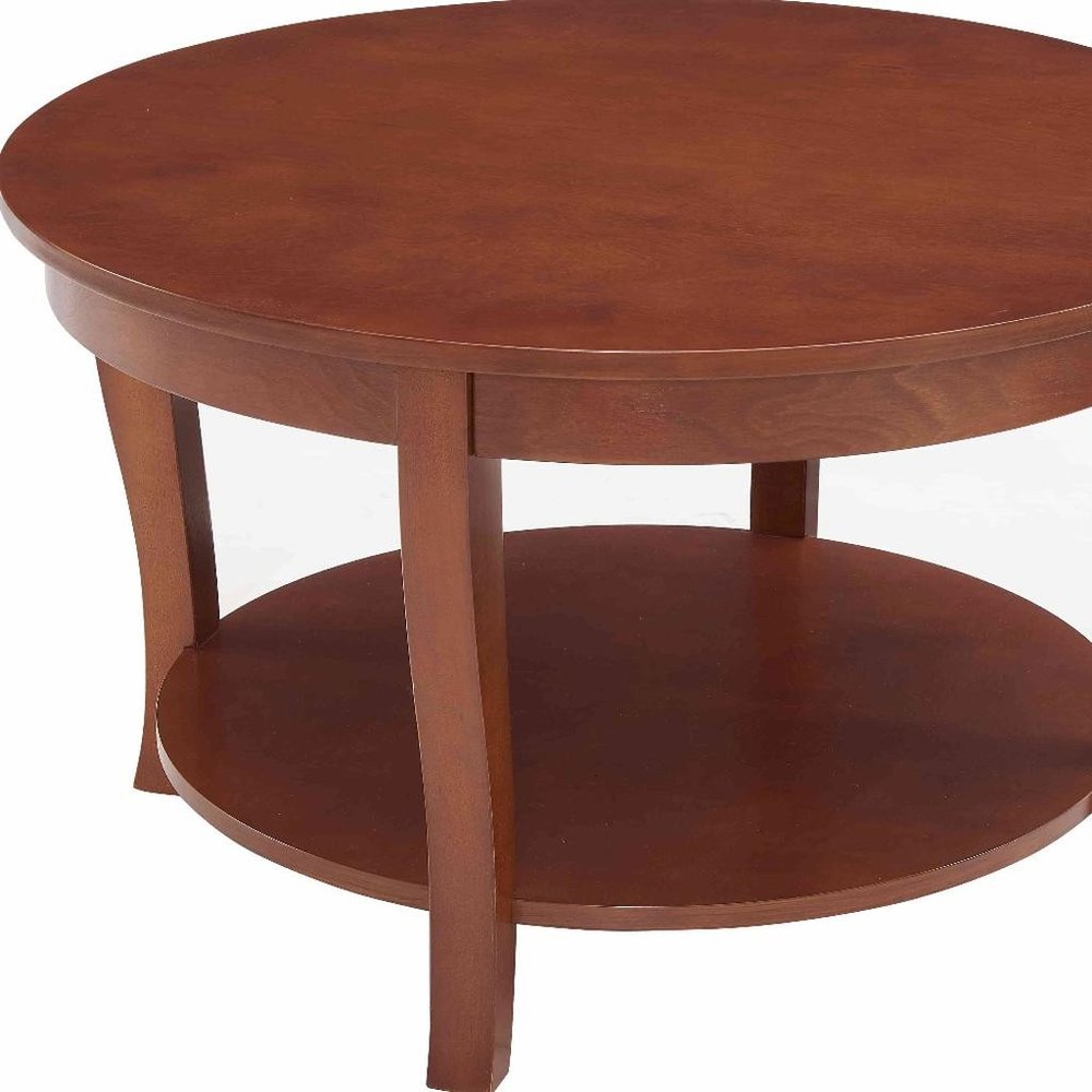30" Walnut Wood Round Coffee Table With Shelf