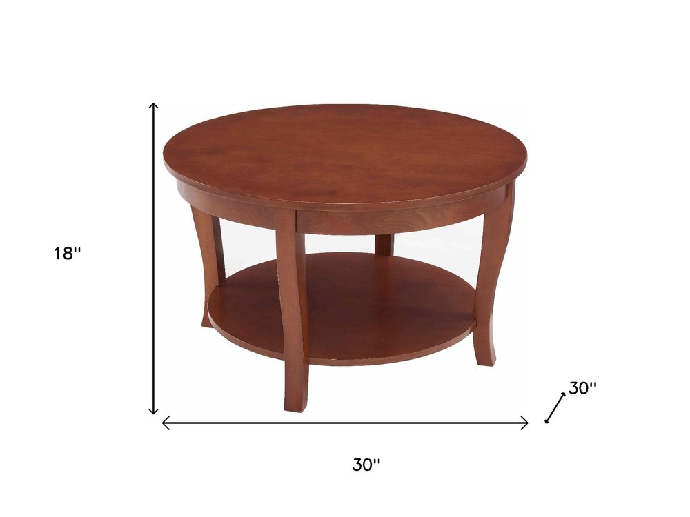 30" Walnut Wood Round Coffee Table With Shelf