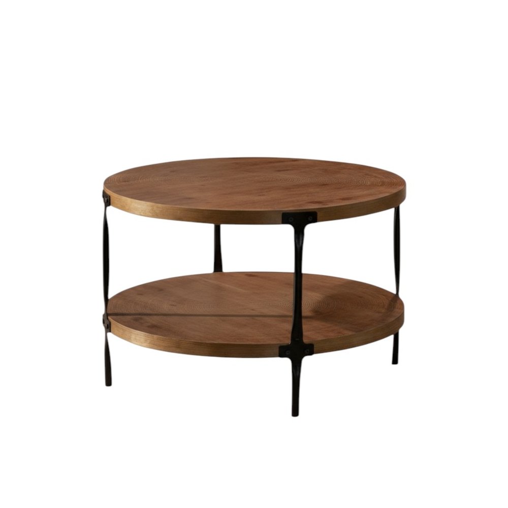 31" Walnut and Black Wood and Steel Round Coffee Table With Shelf