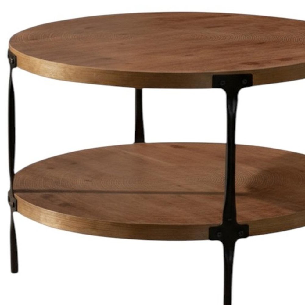 31" Walnut and Black Wood and Steel Round Coffee Table With Shelf