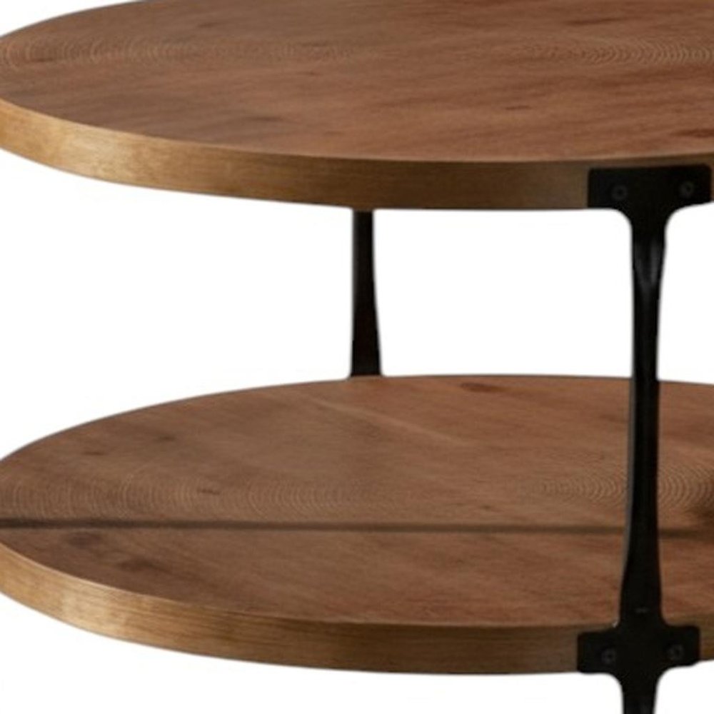 31" Walnut and Black Wood and Steel Round Coffee Table With Shelf