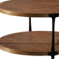 31" Walnut and Black Wood and Steel Round Coffee Table With Shelf