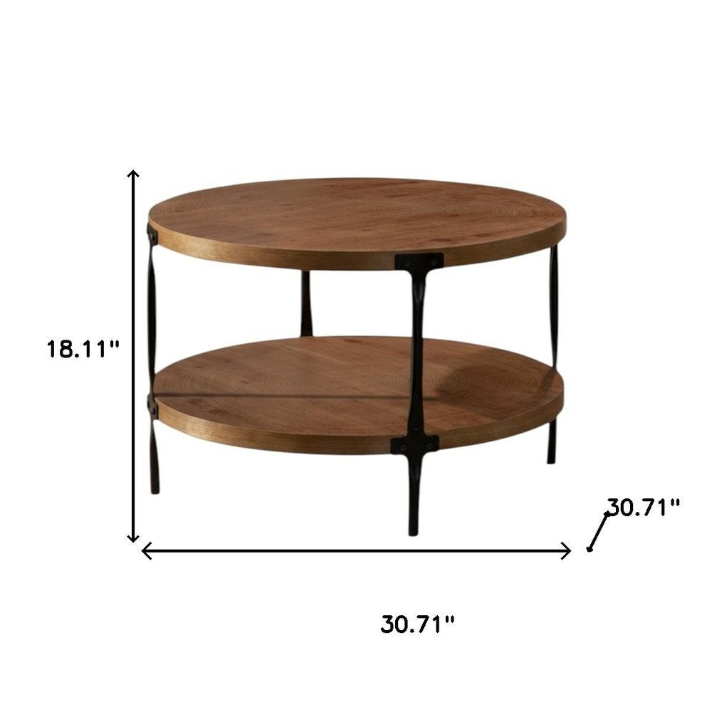 31" Walnut and Black Wood and Steel Round Coffee Table With Shelf