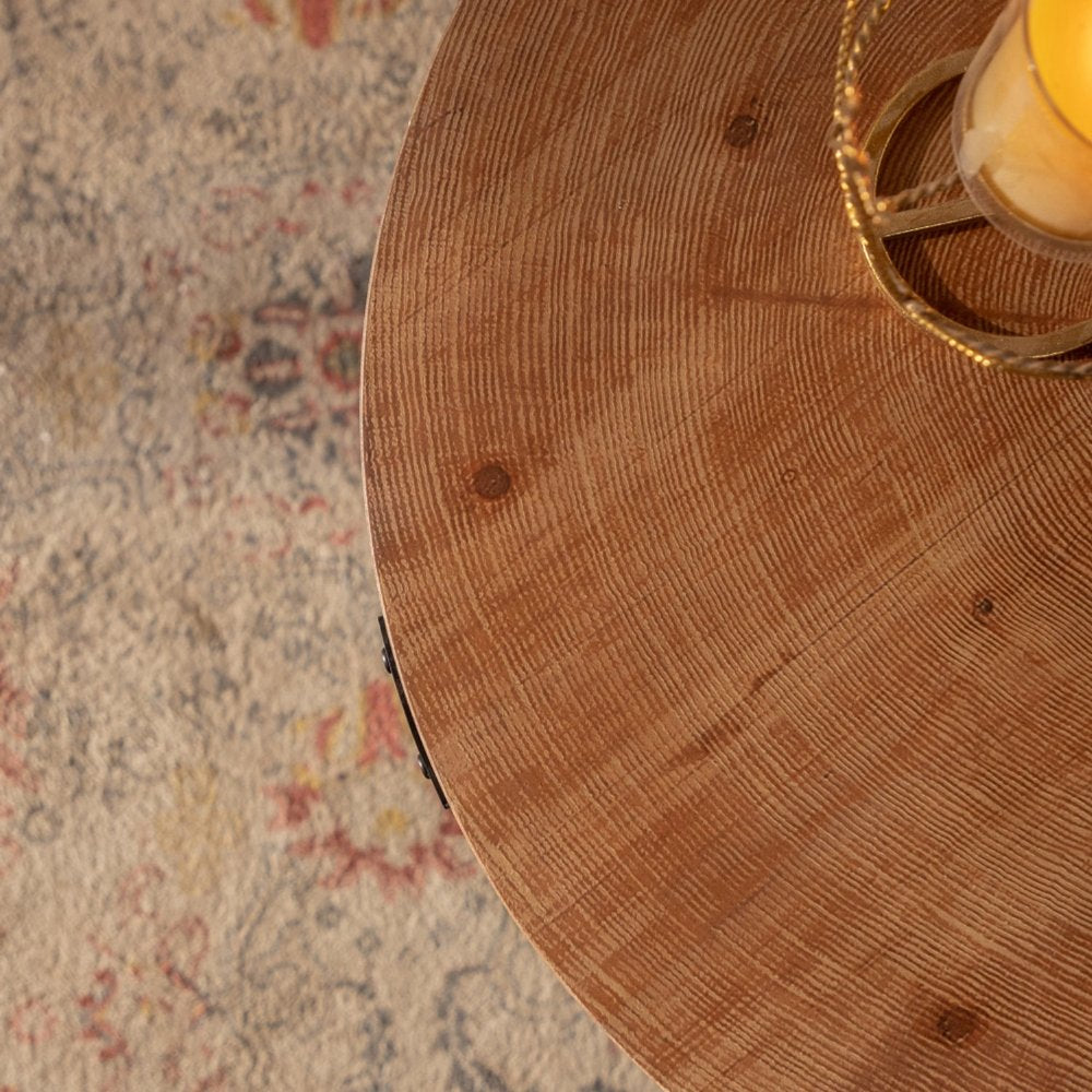 31" Walnut and Black Wood and Steel Round Coffee Table With Shelf