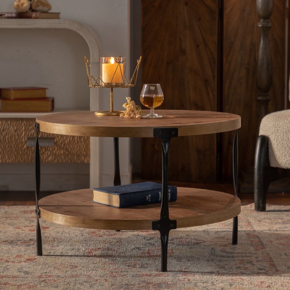 31" Walnut and Black Wood and Steel Round Coffee Table With Shelf