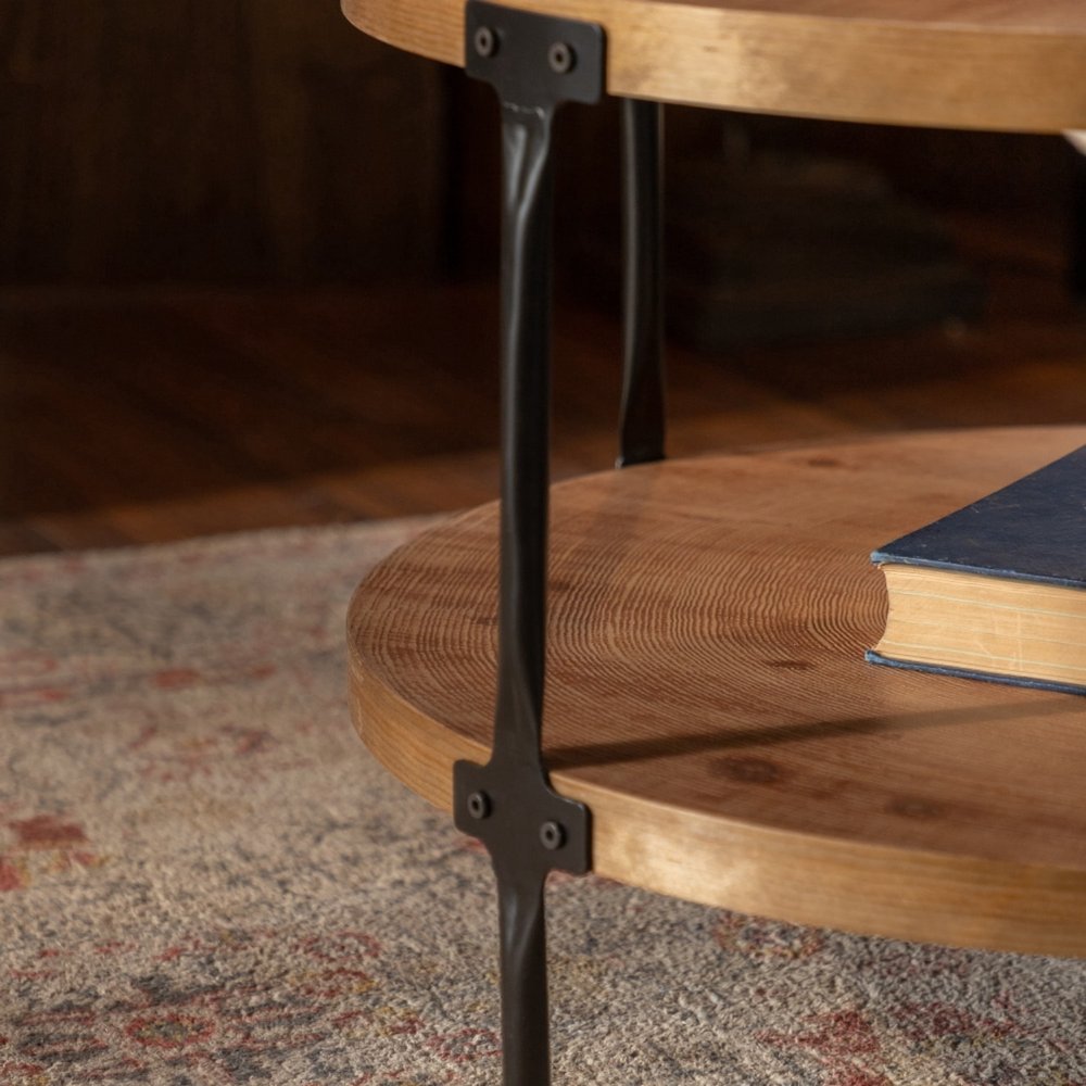 31" Walnut and Black Wood and Steel Round Coffee Table With Shelf