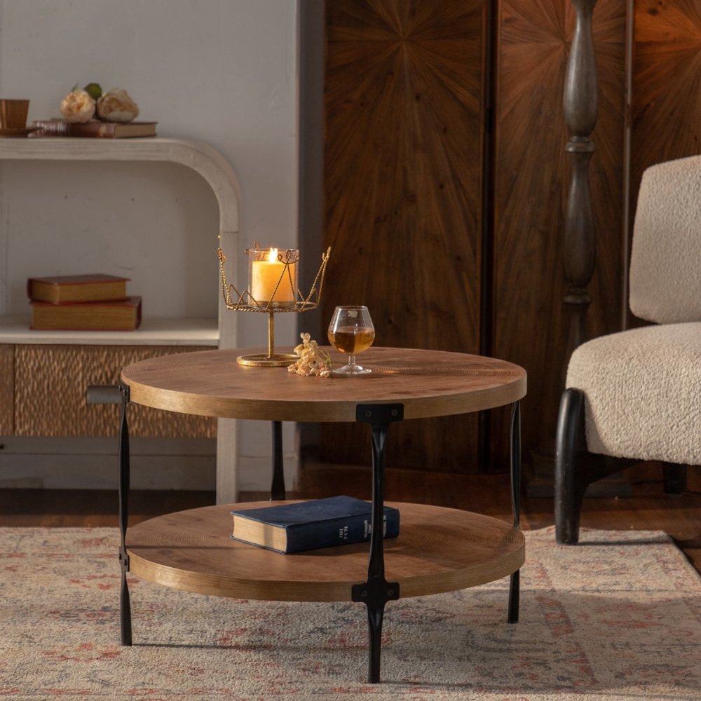 31" Walnut and Black Wood and Steel Round Coffee Table With Shelf