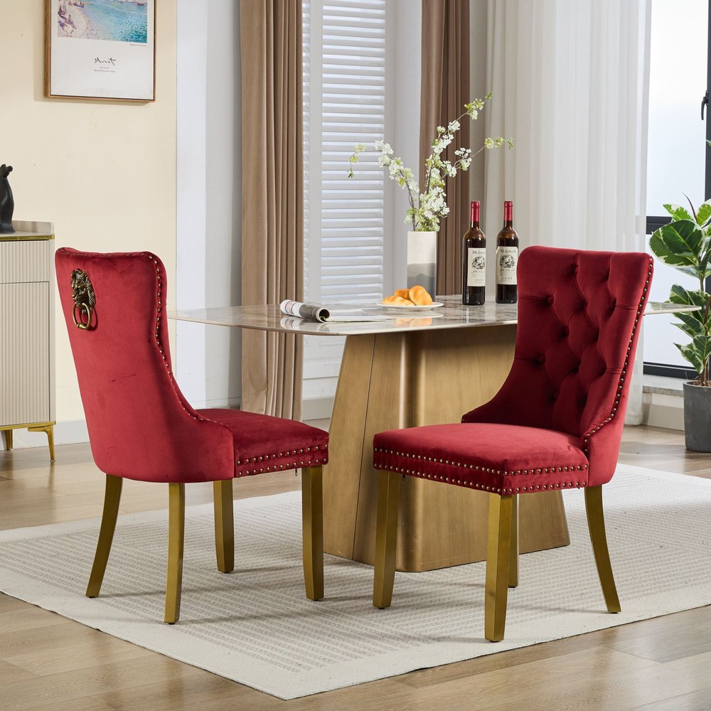 Set of Two Red and Gold Tufted Velvet And Solid Wood Dining Side Chairs