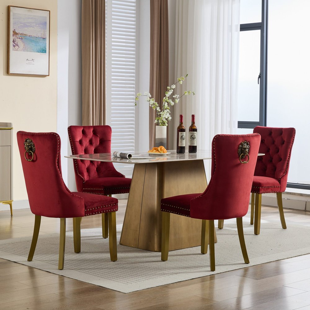 Set of Two Red and Gold Tufted Velvet And Solid Wood Dining Side Chairs