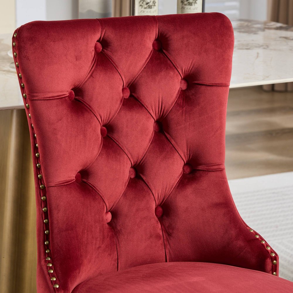 Set of Two Red and Gold Tufted Velvet And Solid Wood Dining Side Chairs