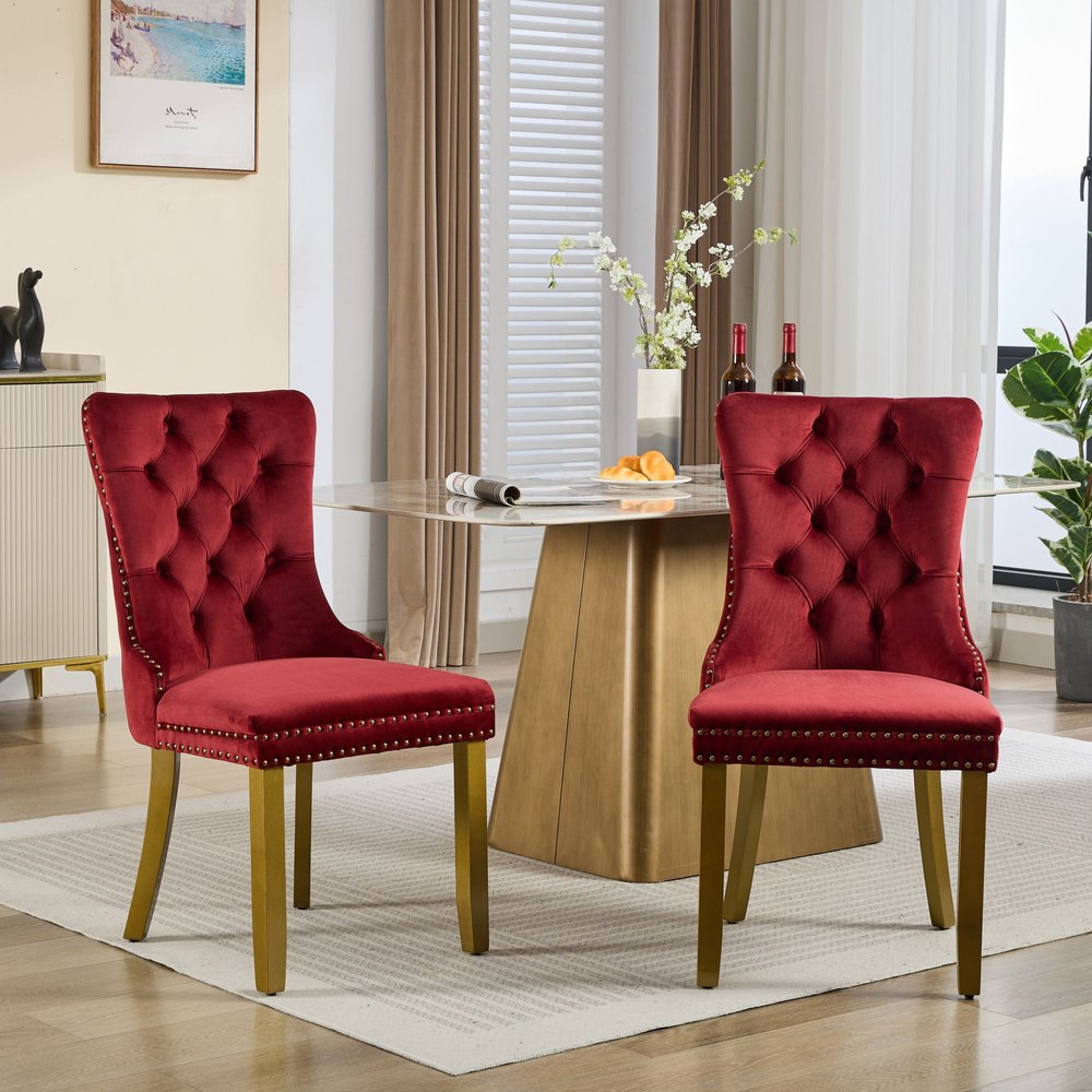 Set of Two Red and Gold Tufted Velvet And Solid Wood Dining Side Chairs