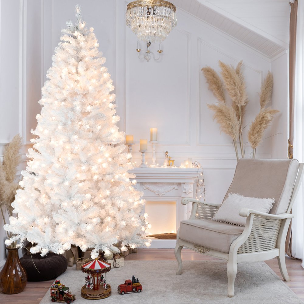 7.5' White Pre Lit Full Flocked Fir Christmas Tree