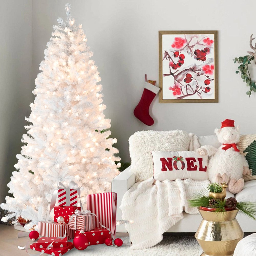 7.5' White Pre Lit Full Flocked Fir Christmas Tree