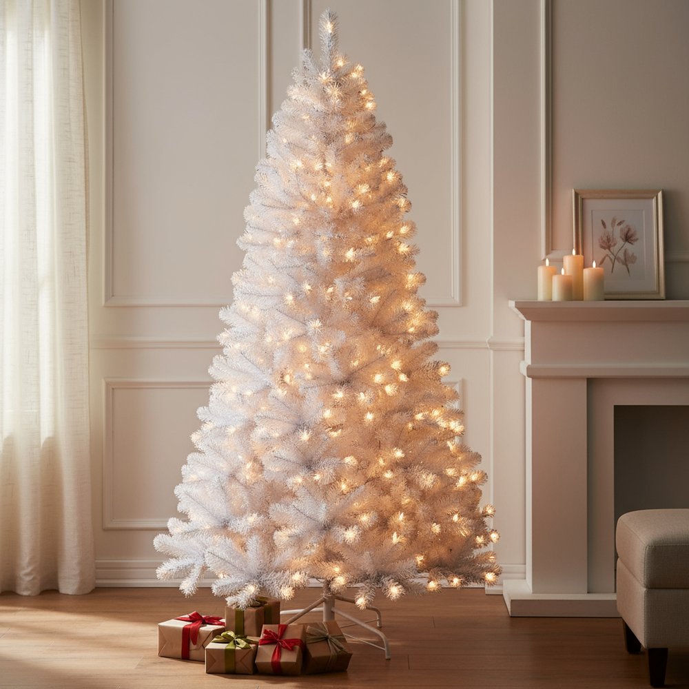 7.5' White Pre Lit Full Flocked Fir Christmas Tree