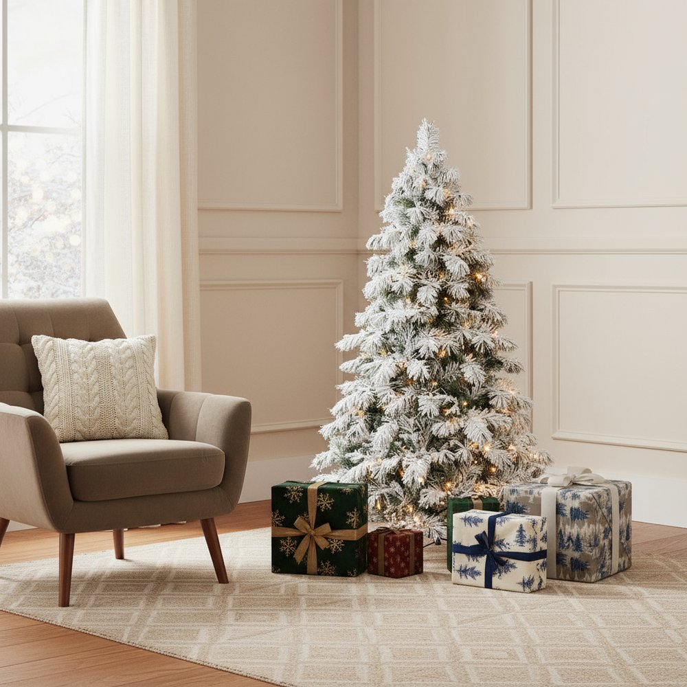 6' White Pre Lit Full Flocked Fir Christmas Tree