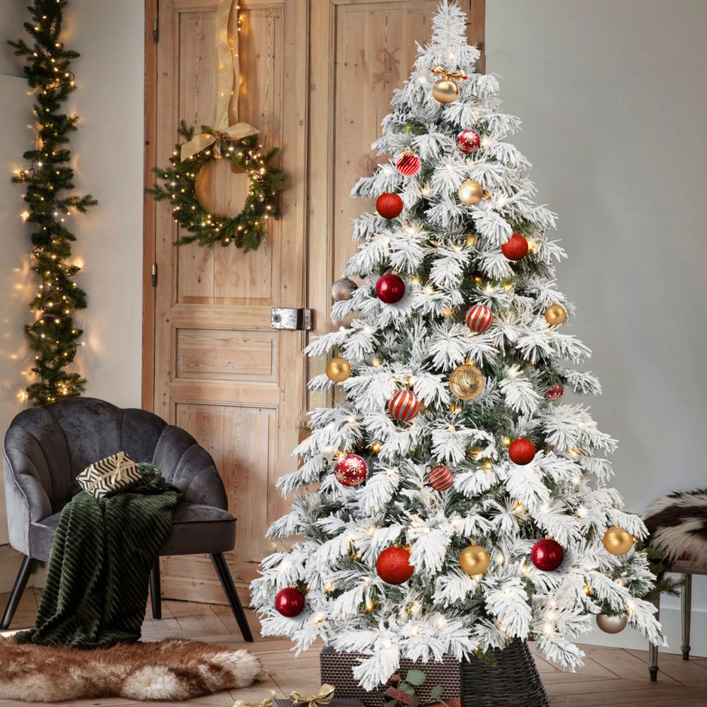 7' White Pre Lit Full Flocked Fir Christmas Tree