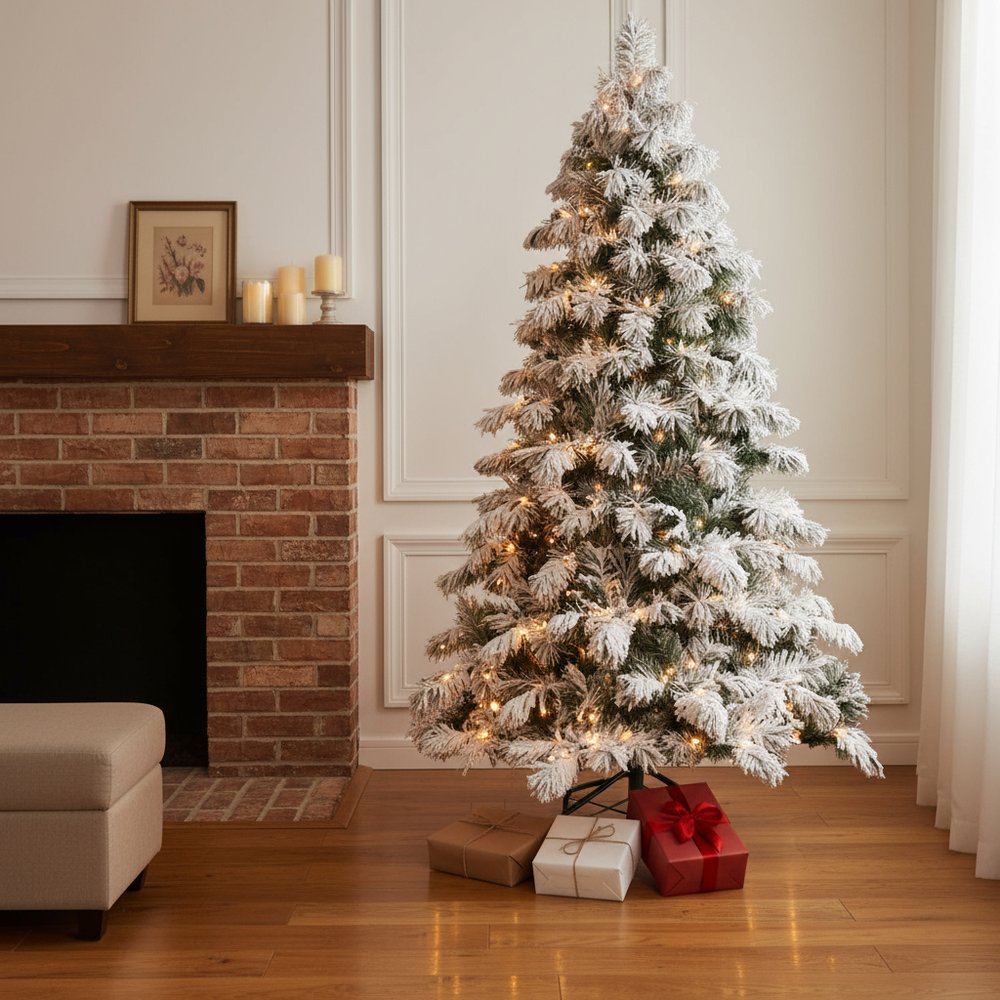 6' White Pre Lit Full Flocked Fir Christmas Tree