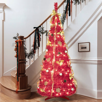 6' Red Tinsel Pre Lit Pop Up Christmas Tree With Decorations