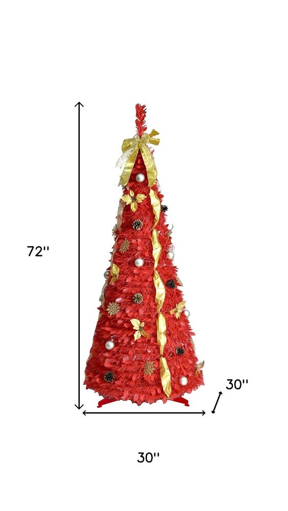 6' Red Tinsel Pre Lit Pop Up Christmas Tree With Decorations