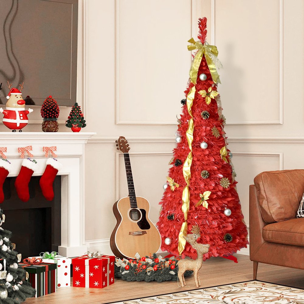 6' Red Tinsel Pre Lit Pop Up Christmas Tree With Decorations