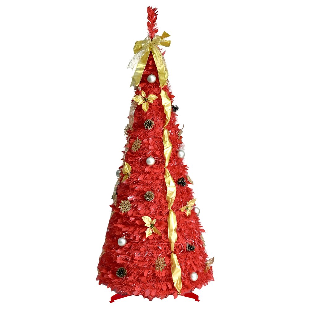 6' Red Tinsel Pre Lit Pop Up Christmas Tree With Decorations
