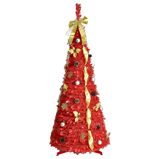 6' Red Tinsel Pre Lit Pop Up Christmas Tree With Decorations