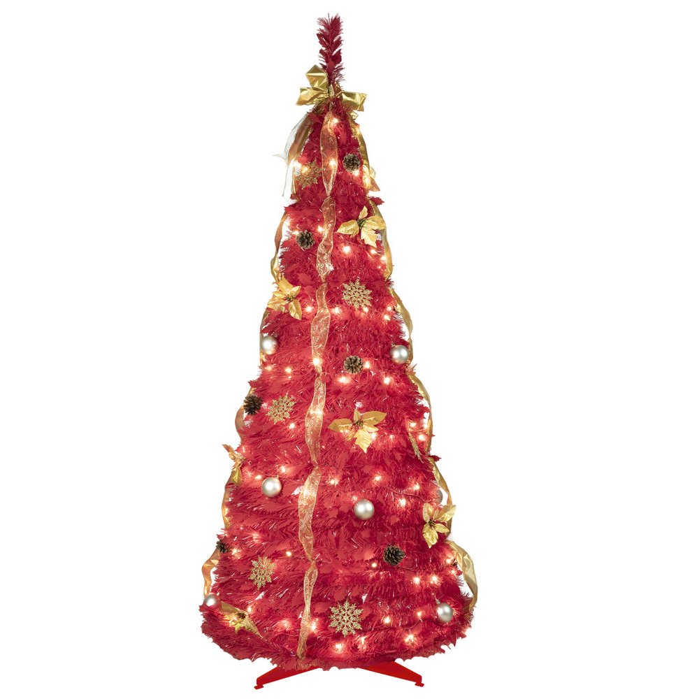 6' Red Tinsel Pre Lit Pop Up Christmas Tree With Decorations