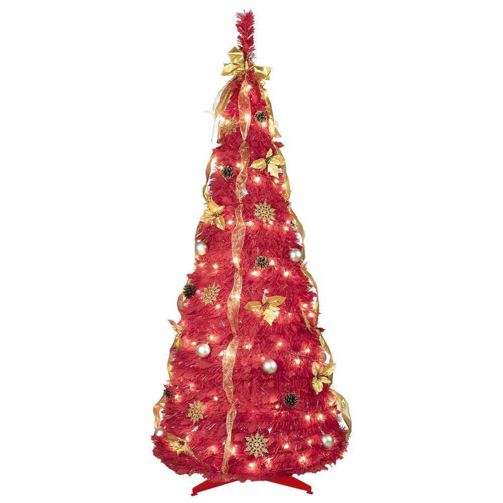 6' Red Tinsel Pre Lit Pop Up Christmas Tree With Decorations