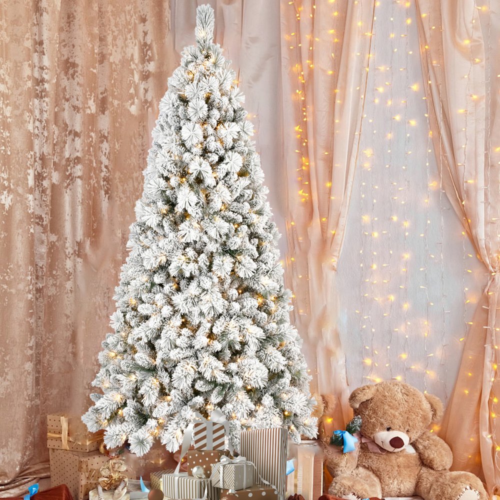 7.5' White Pre Lit Full Flocked Fir Christmas Tree
