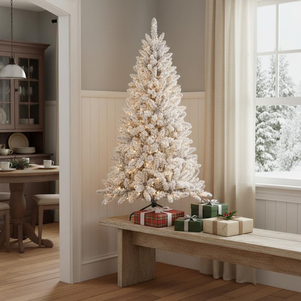 7.5' White Pre Lit Full Flocked Fir Christmas Tree