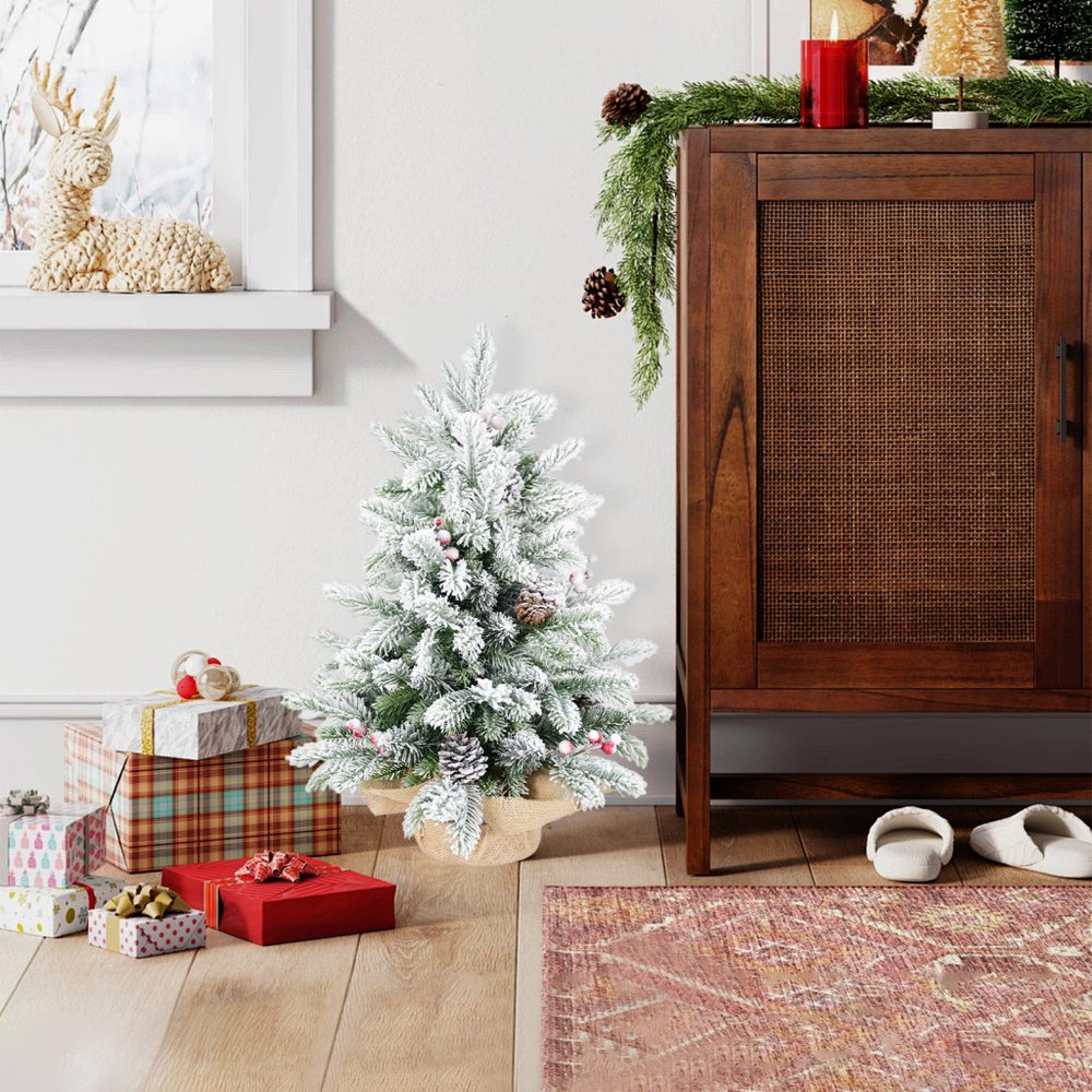 3' Flocked Fir Christmas Tree With Burlap Base And Decorations