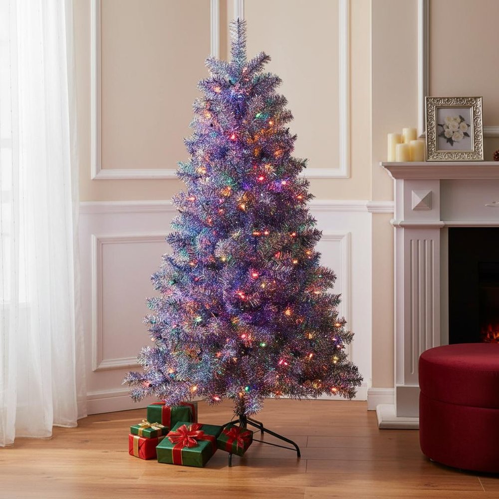 6' Silver Pre Lit Full Tinsel Christmas Tree