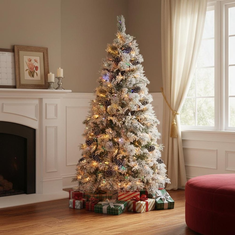 6' White Pre Lit Full Frosted Spruce Christmas Tree With Decorations