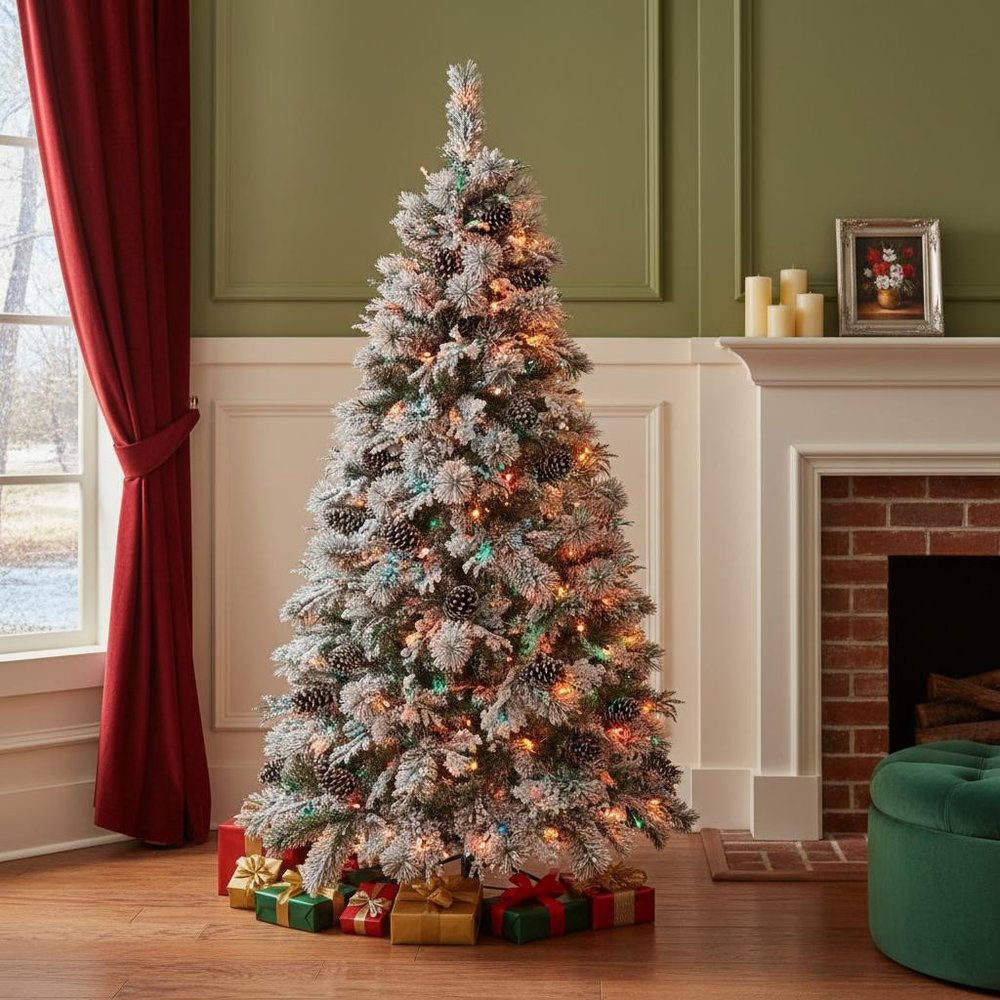 6' White Pre Lit Full Frosted Spruce Christmas Tree With Decorations