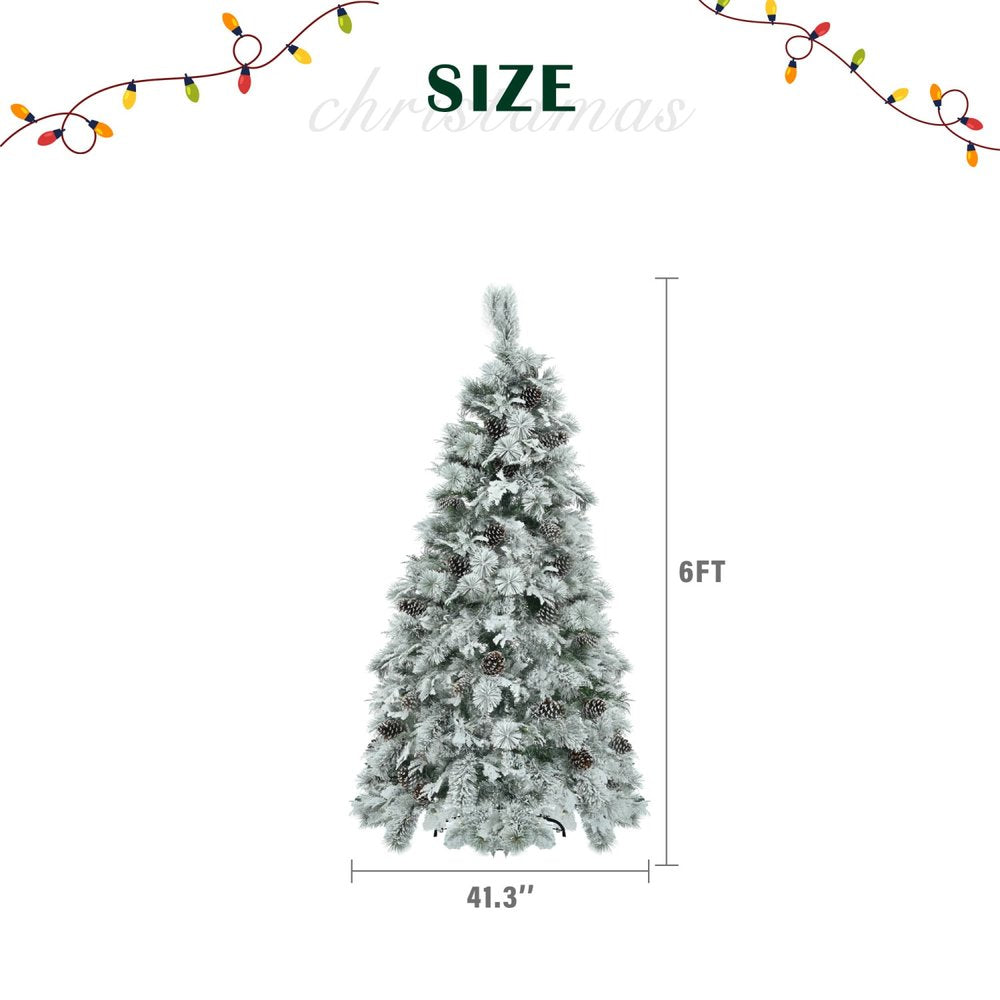 6' White Pre Lit Full Frosted Spruce Christmas Tree With Decorations