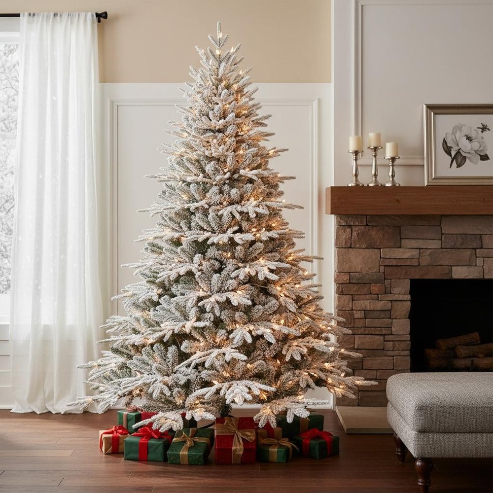 6.5' White Pre Lit Full Flocked Fir Christmas Tree