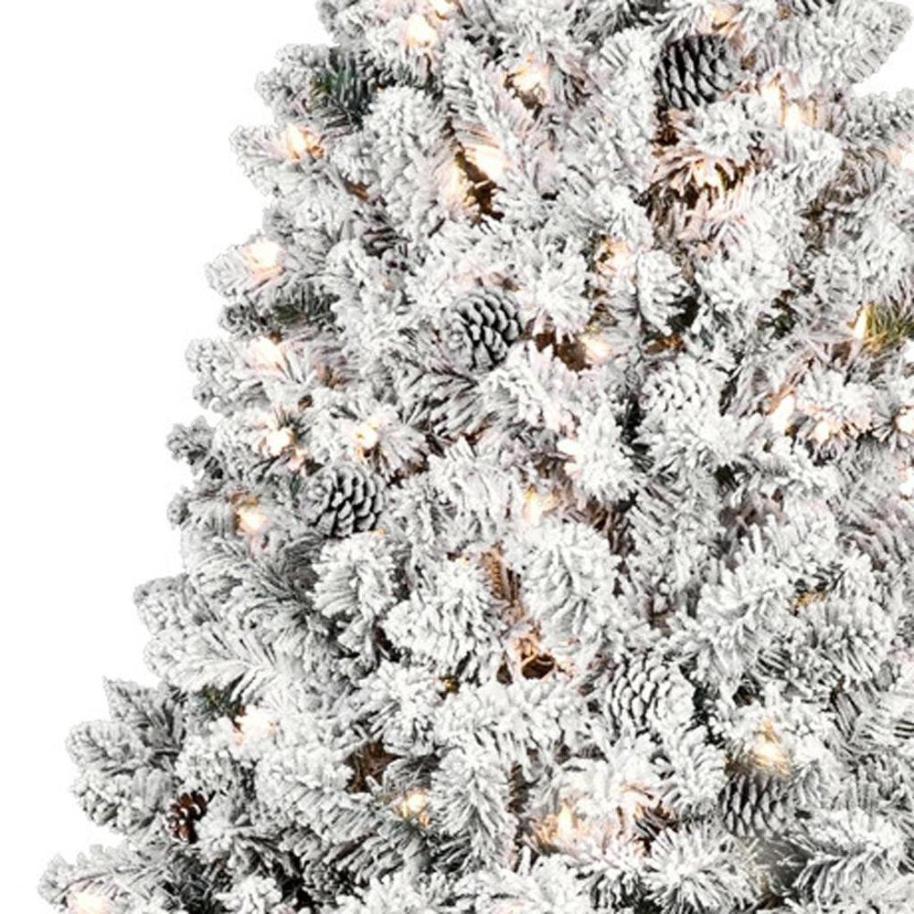 8' Pre Lit Full Flocked Spruce Christmas Tree With Decorations