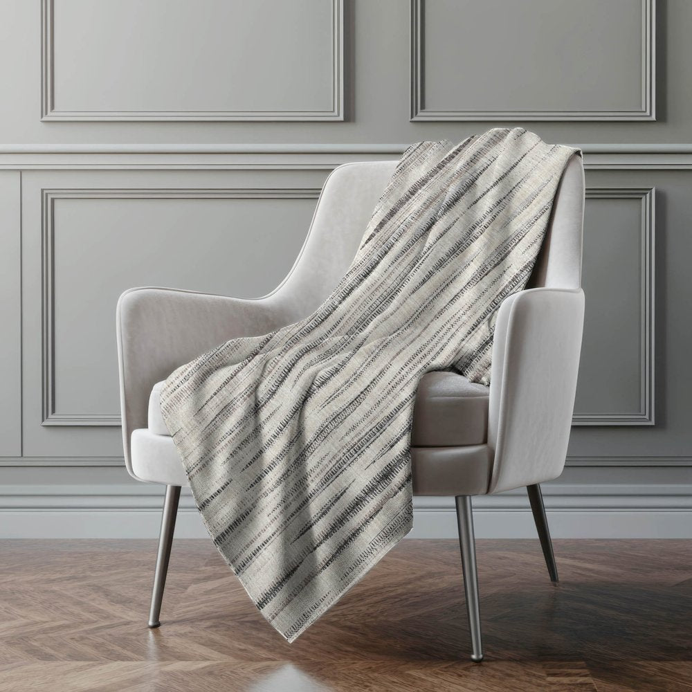 50" X 70" Beige And Charcoal Striped Polyester Woven Plush Throw Blanket
