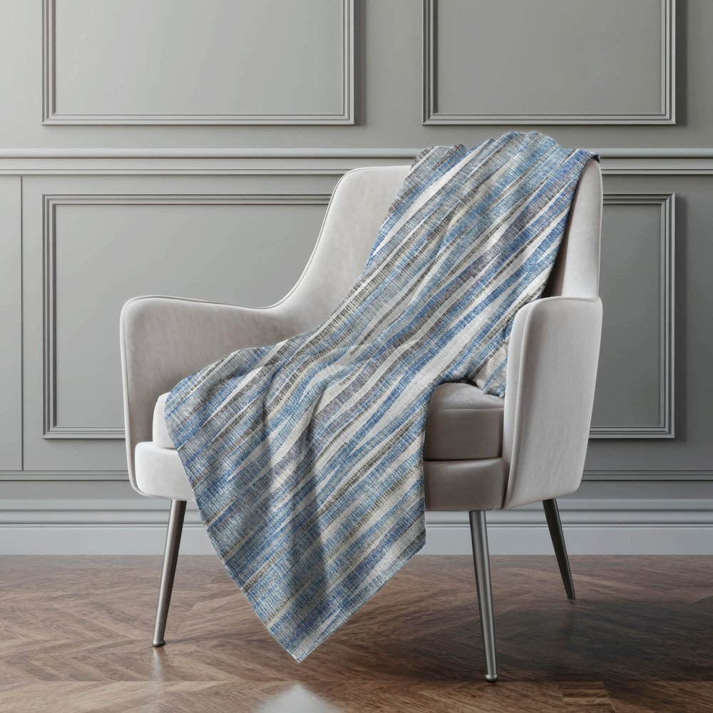 50" X 70" Blue And Beige Striped Polyester Woven Plush Throw Blanket