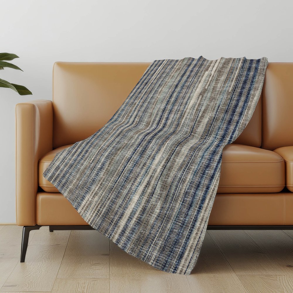 50" X 70" Brown And Blue Striped Polyester Woven Plush Throw Blanket