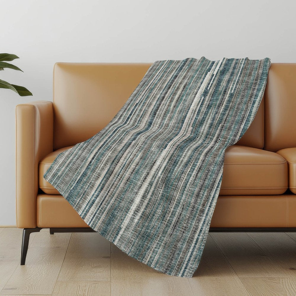 50" X 70" Ivory And Blue Striped Polyester Woven Plush Throw Blanket