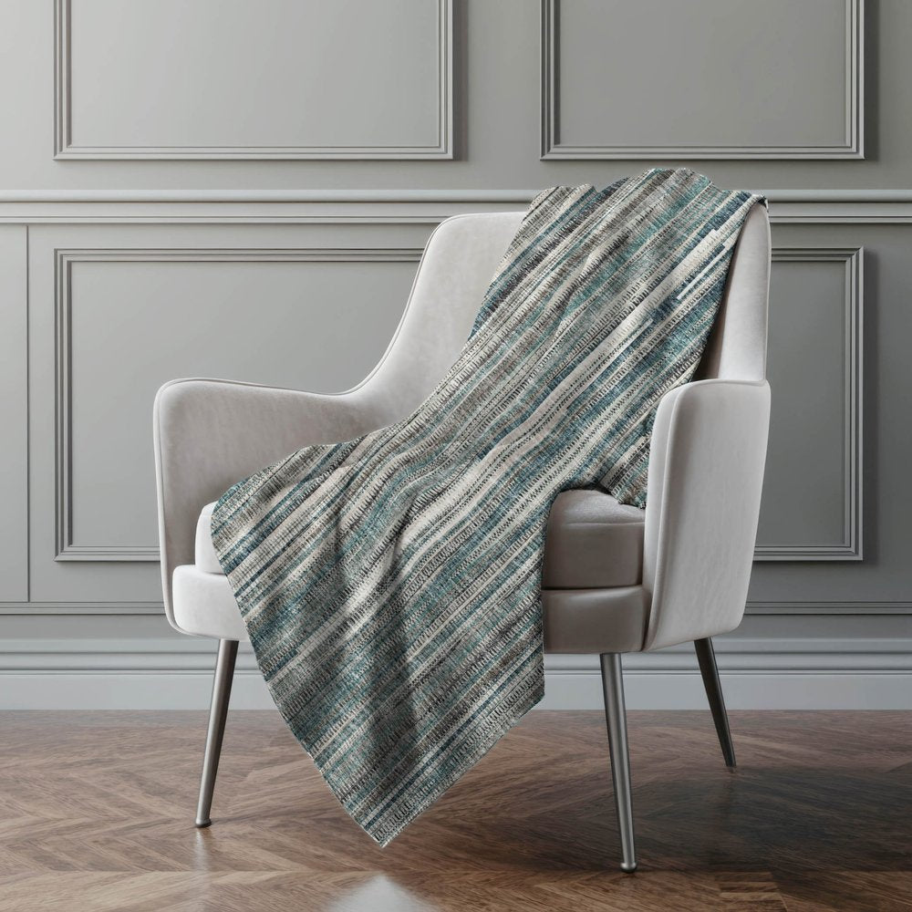 50" X 70" Ivory And Blue Striped Polyester Woven Plush Throw Blanket