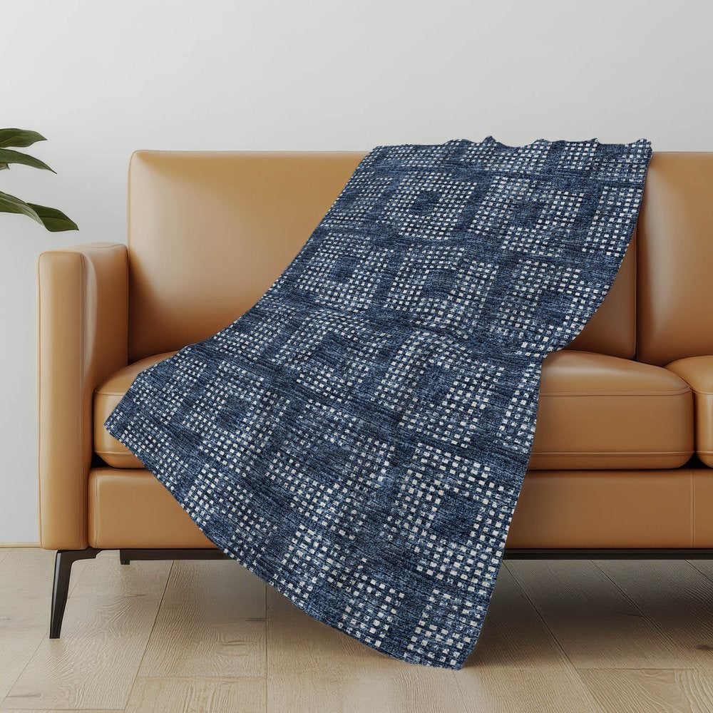 50" X 70" Blue And Ivory Geometric Polyester Woven Plush Throw Blanket