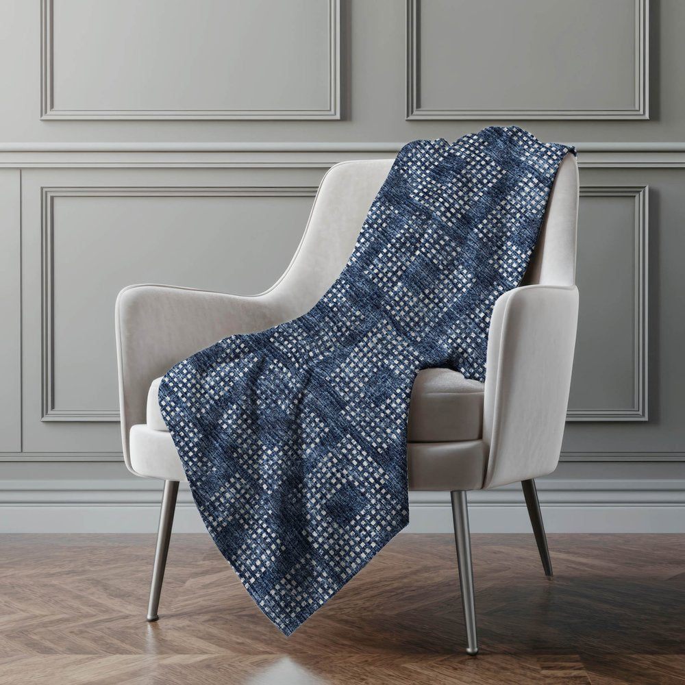 50" X 70" Blue And Ivory Geometric Polyester Woven Plush Throw Blanket