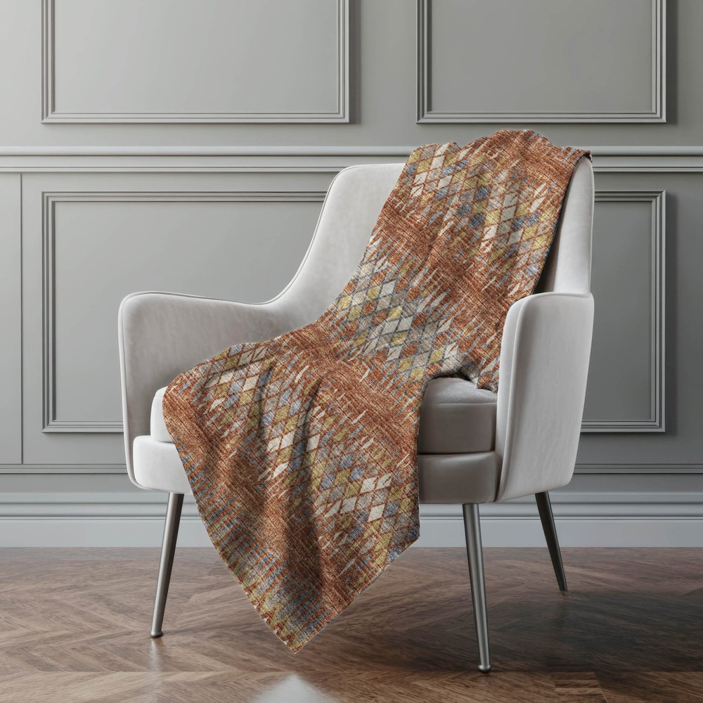 50" X 70" Cinnamon Gold And Blue Geometric Polyester Woven Plush Throw Blanket