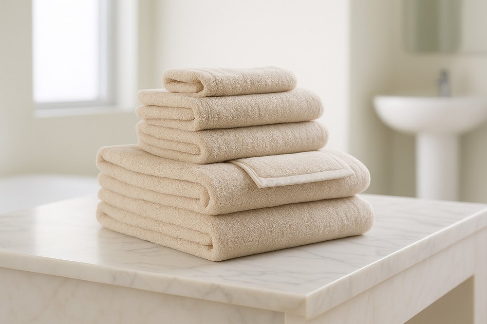 Set of Six Beige Cotton Quick Dry Terry Cloth Towels