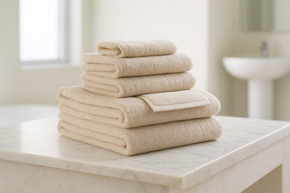 Set of Six Beige Cotton Quick Dry Terry Cloth Towels